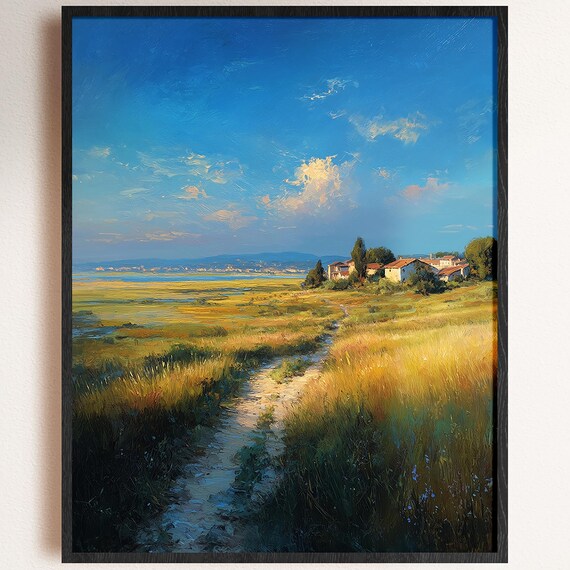 Countryside Landscape Art Print Gold Grasses Blue Sky
