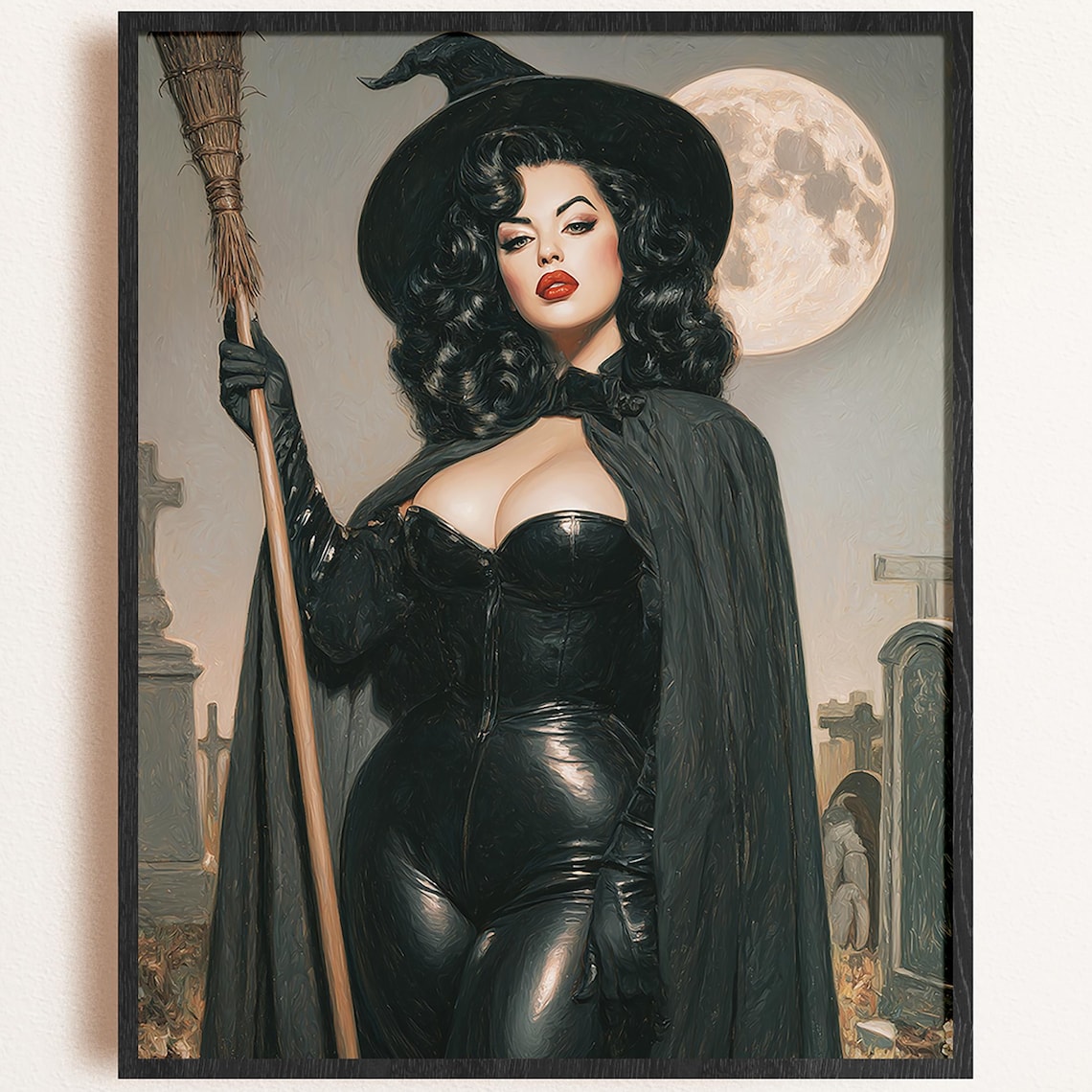 Vintage Halloween Witch Pinup Full Moon Cemetery 1950s Glamour Art Poster