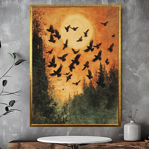 Ravens Flying Past Full Moon Orange Sky Gothic Bird Forest Wall Art