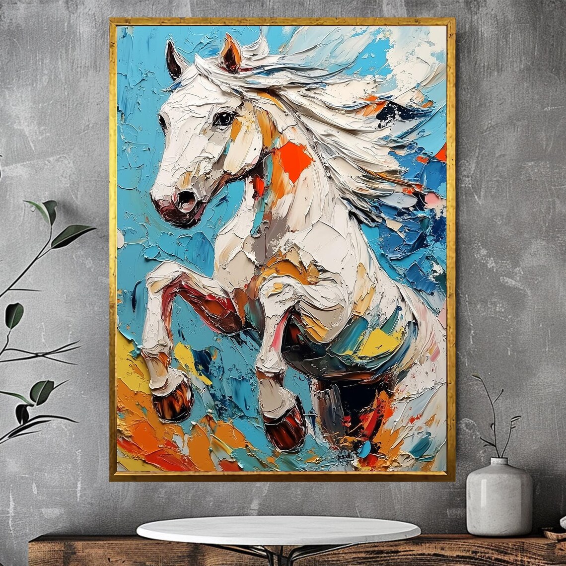 Galloping White Horse Impasto Oil Painting Vivid Colorful Art Print
