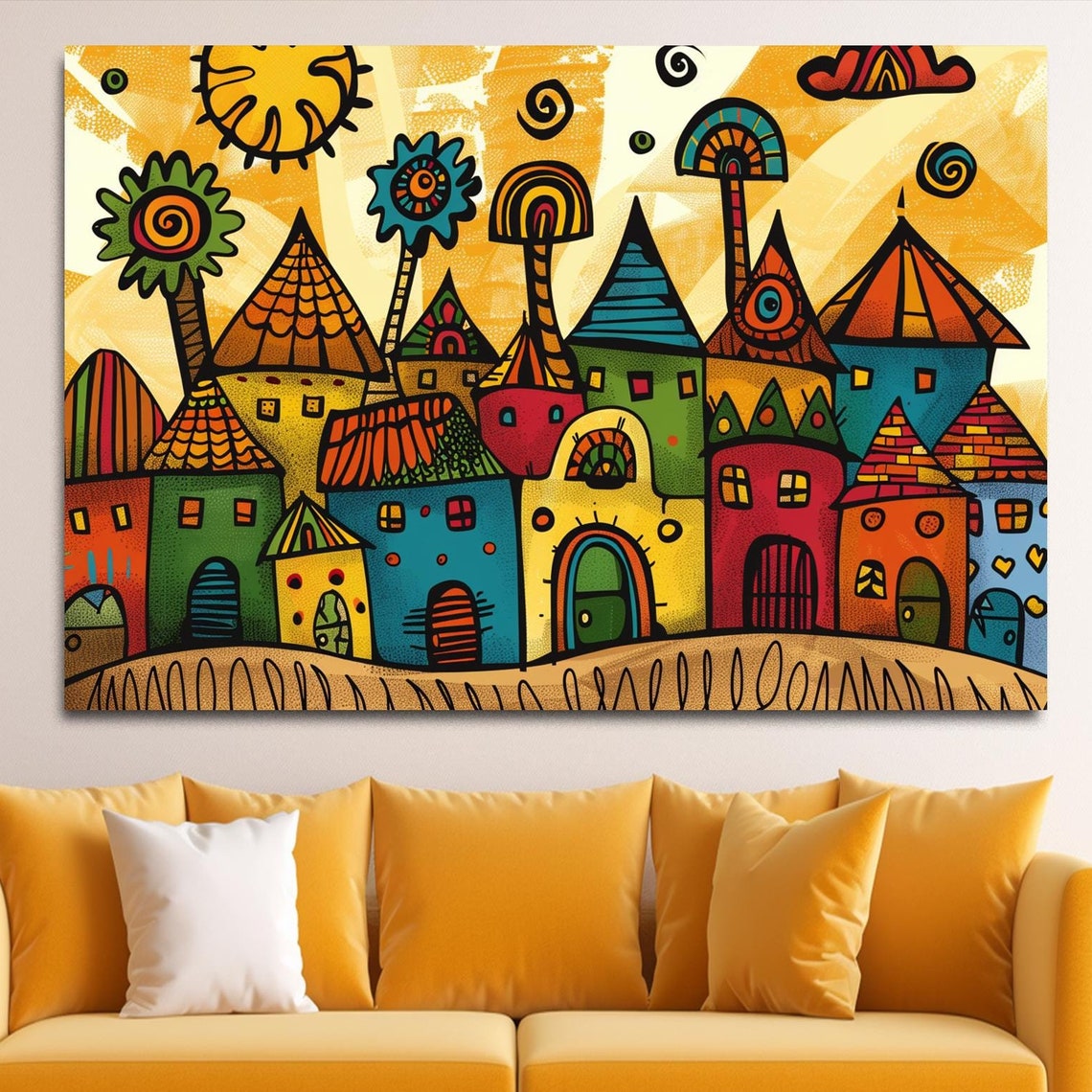 Whimsical Folk Art Village Colorful Houses Naive Style Poster