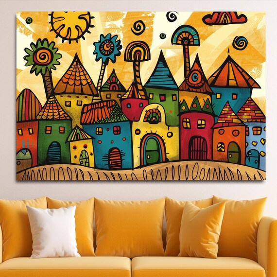 Whimsical Folk Art Village Colorful Houses Naive Style Poster