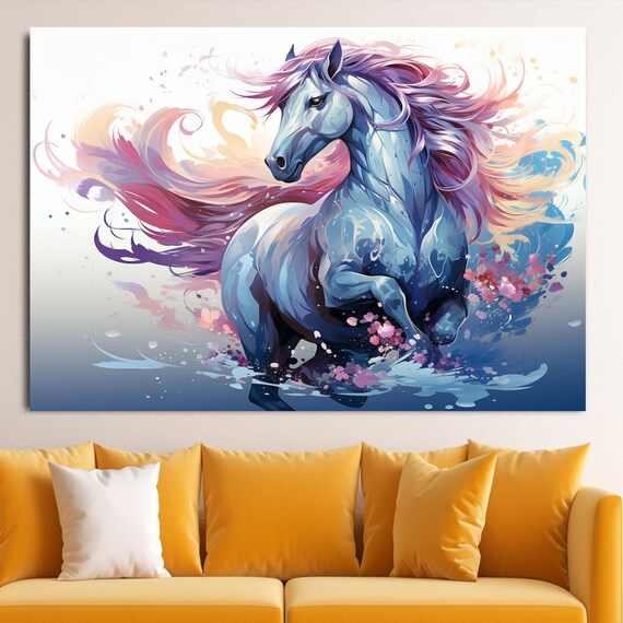 Dreamy Blue Pink Fantasy Horse Watercolor Splash Magic Wall Art