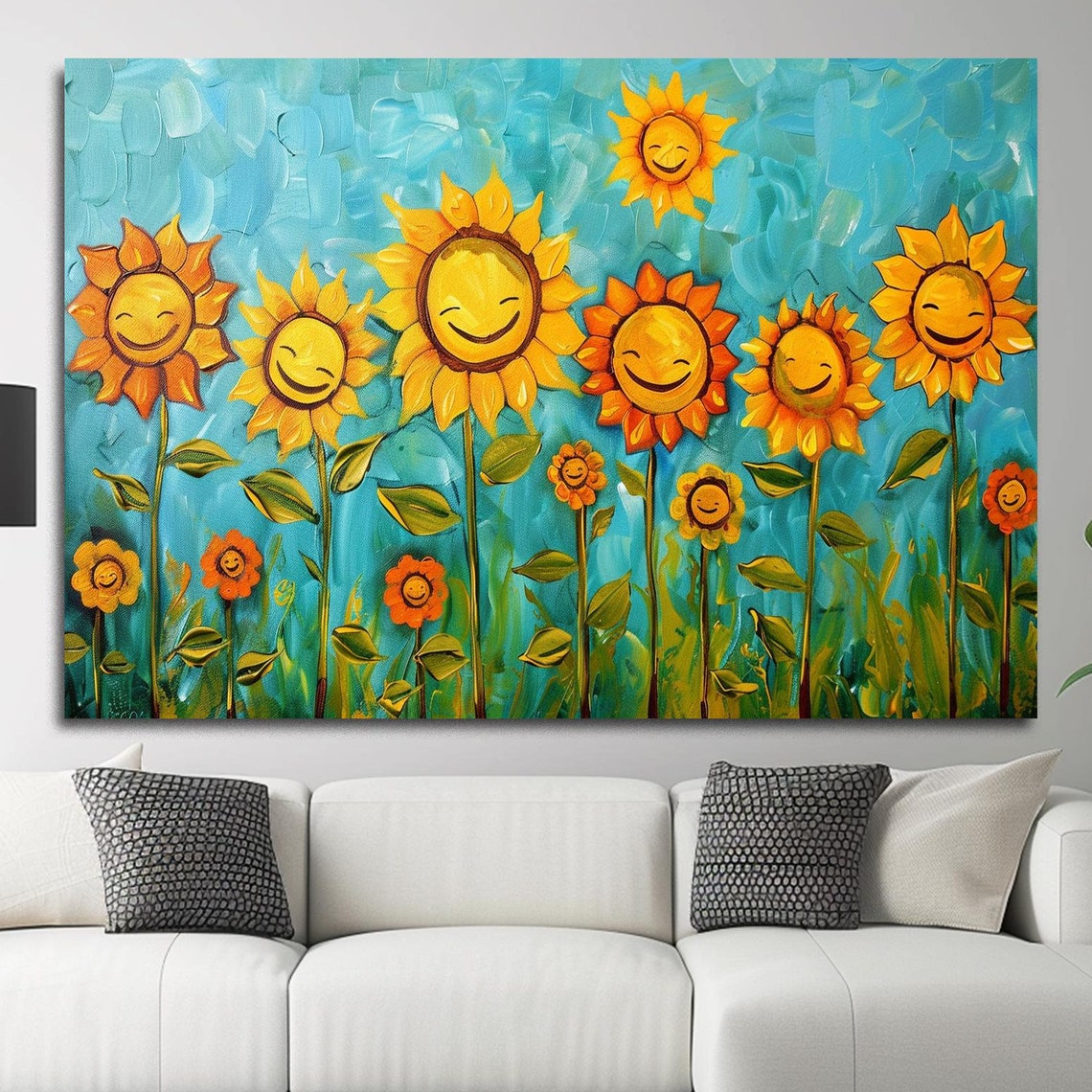 Smiling Sunflower Faces Whimsical Nursery Kids Room Art Poster