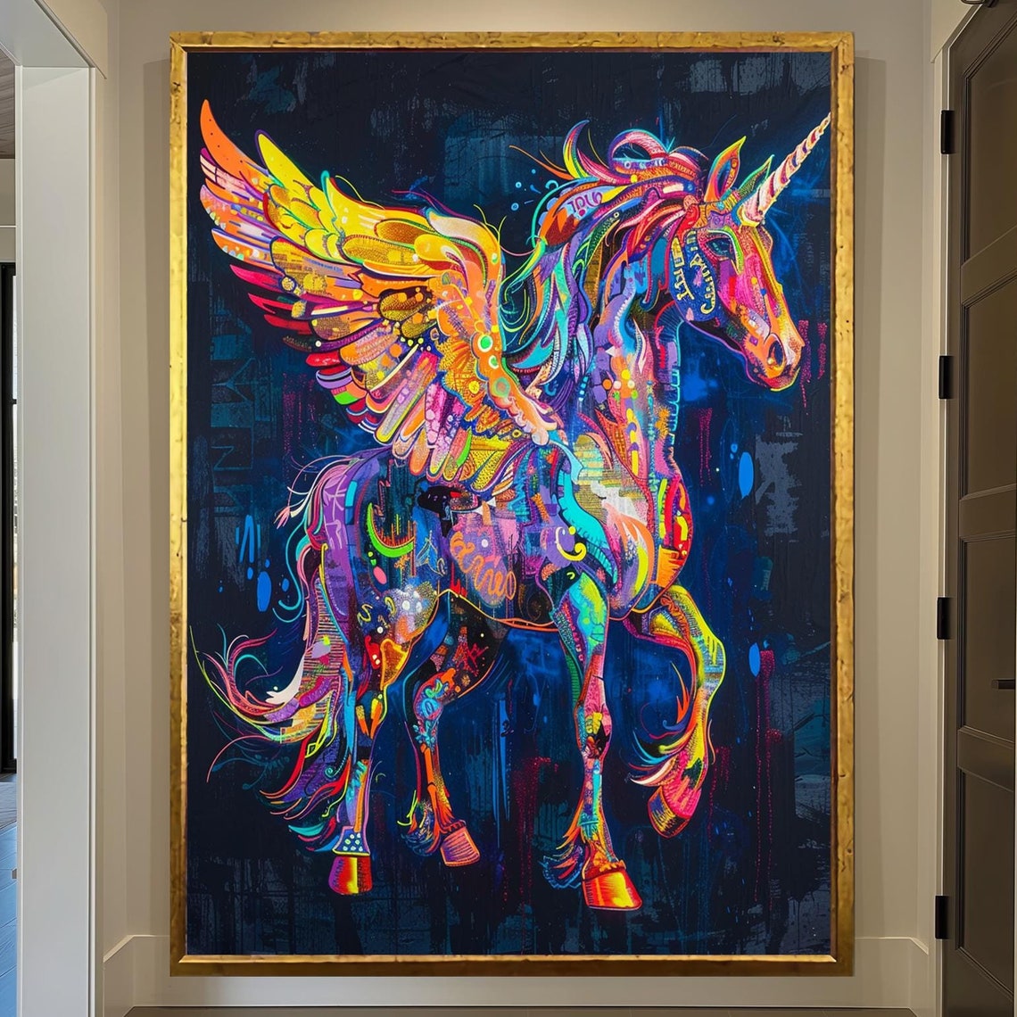 Rainbow Winged Unicorn Pegasus Graffiti Style Magical Fantasy Wall Art