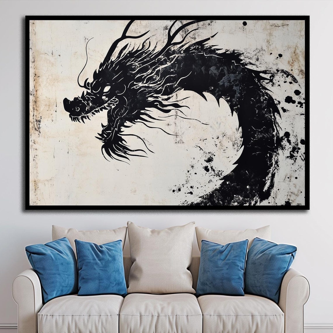 Black Ink Chinese Dragon Sumi E Asian Mythology Art Wall Poster