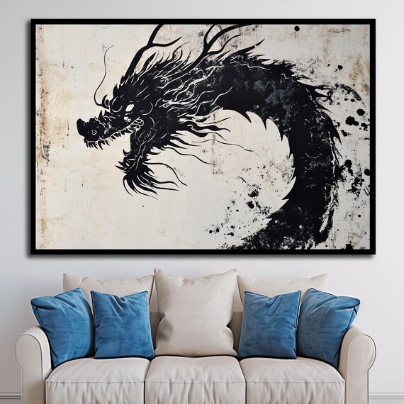 Bad Dragon Chinese Dragon Wall Art Dragon Print Black Art Dragon Decor Japanese Dragon Large Dragon Dragon Print Framed Art