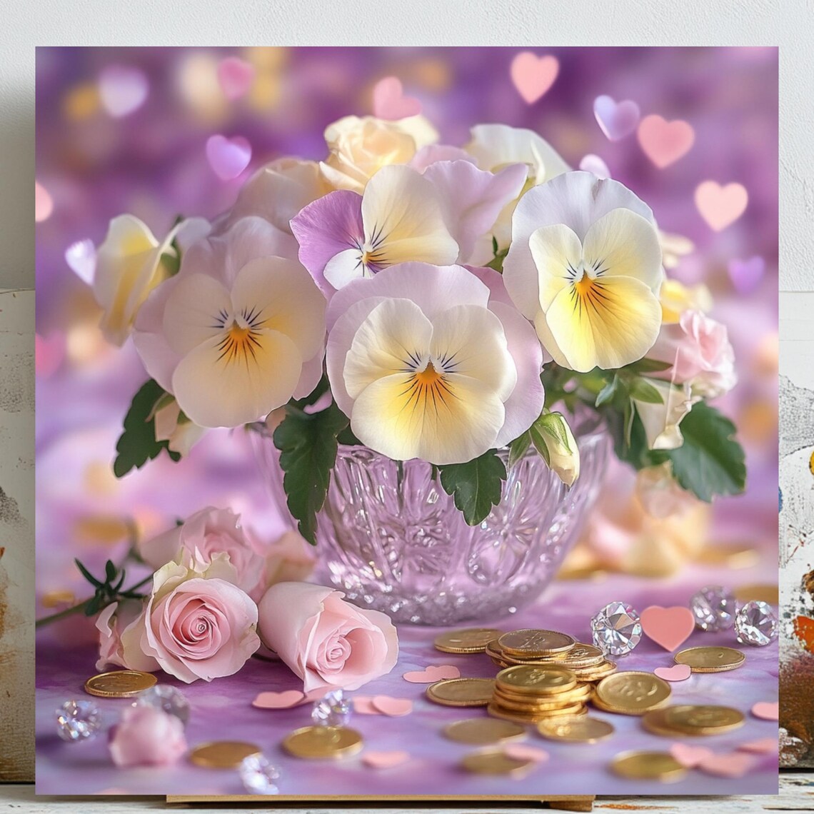 Pansy and Rose Floral Bouquet, Romantic Decor