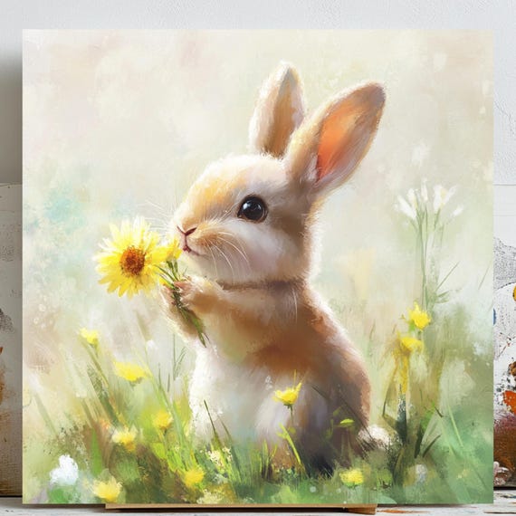 Bunny Nursery Decor, Cute Bunny Floral Art Print