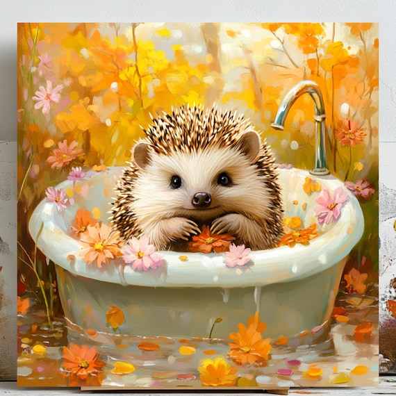 Hedgehog in Bathtub, Floral Bathroom Wall Art