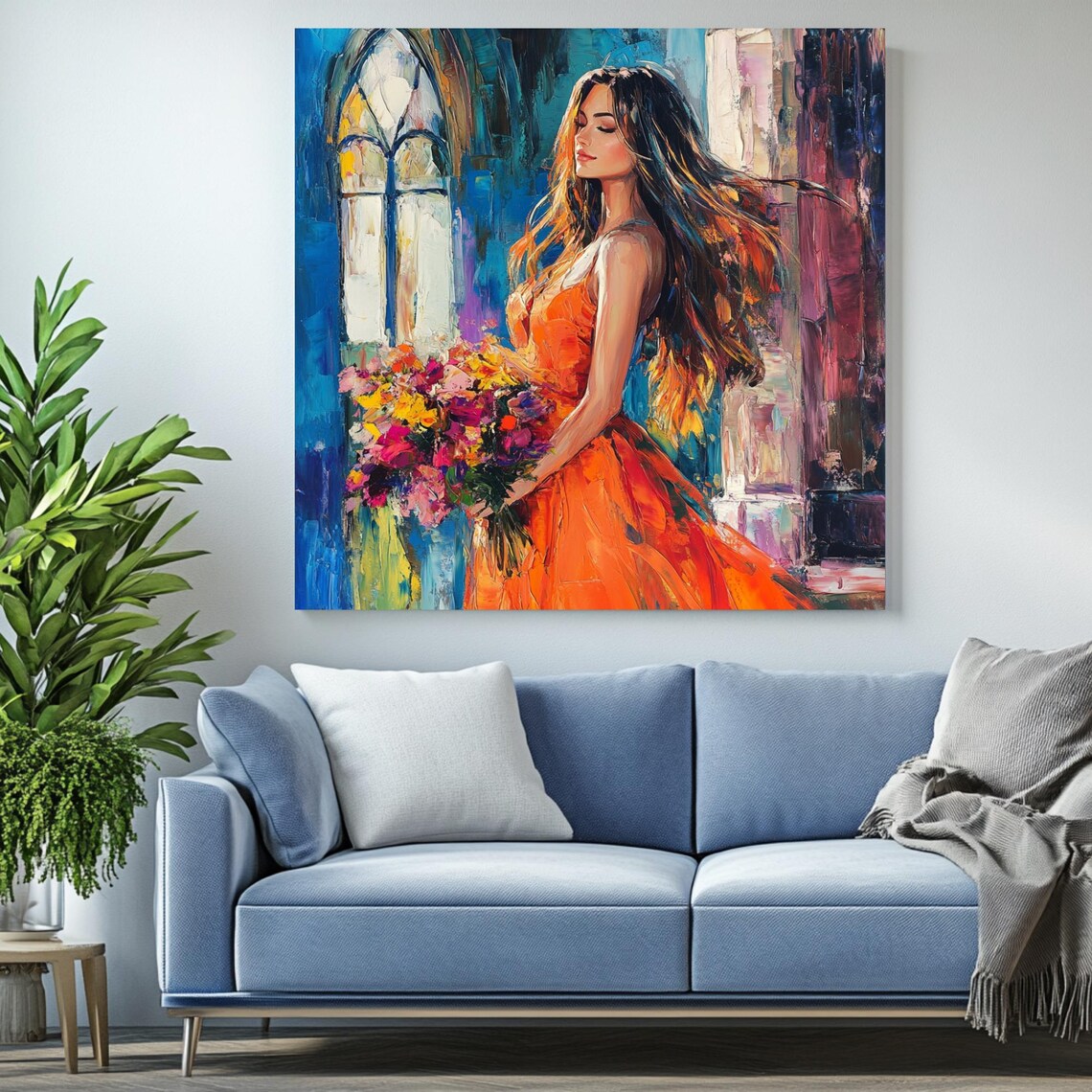 Woman In Orange Dress, Floral Bouquet Portrait Print - Image 2