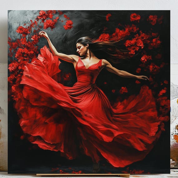 Lady in Red Dress, Dancing Woman Wall Art Print