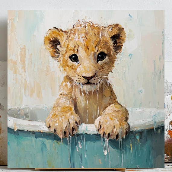 Lion In Bathtub Nursery Decor, Safari Art Print