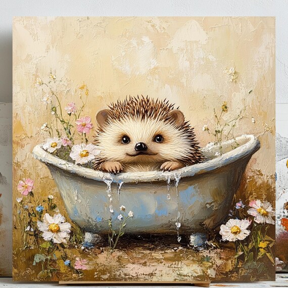 Hedgehog In Bathtub, Cute Animal Bathroom Decor