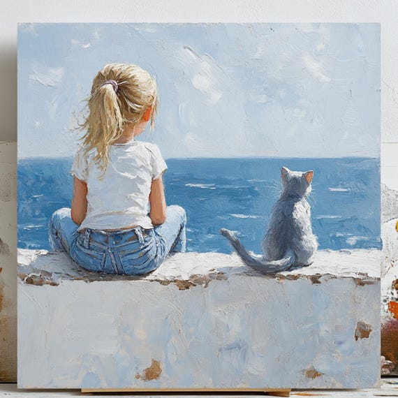 Girl And Cat Ocean View Poster, Coastal Decor