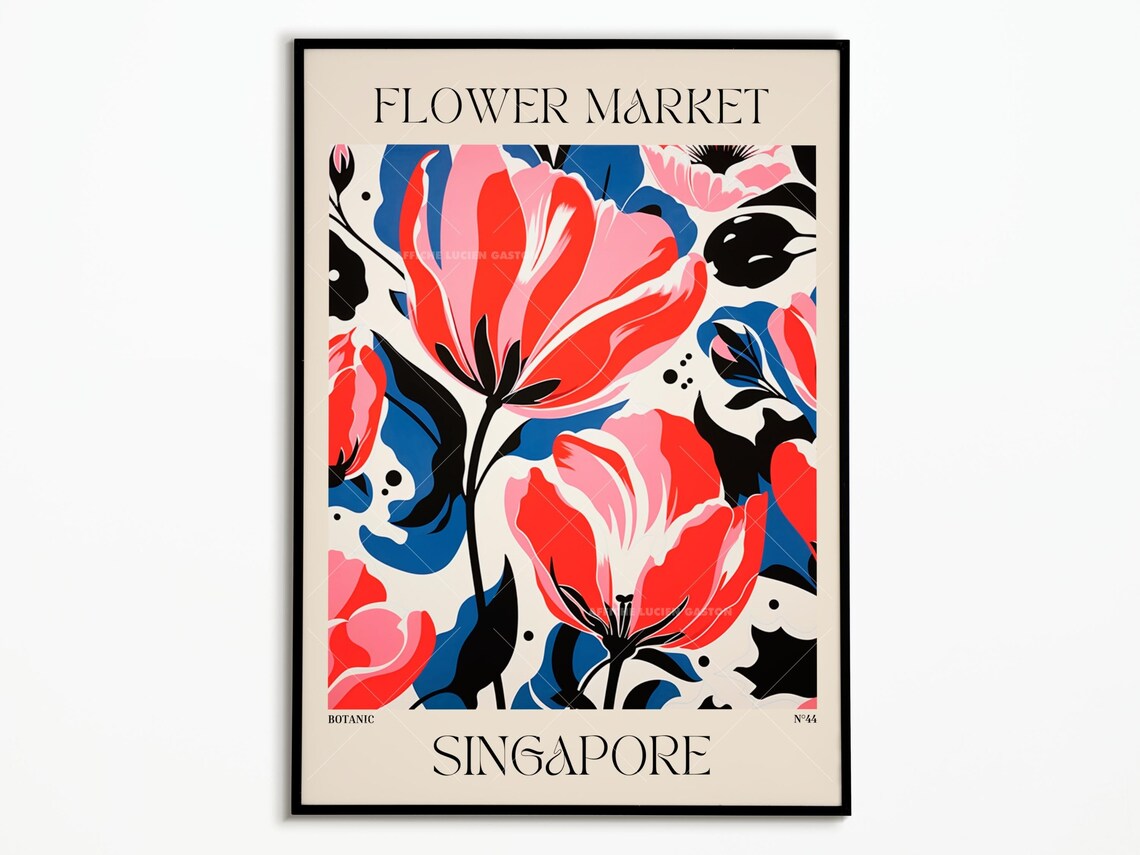 Flower Market Singapore Botanic Bold Red Floral Colorful Art Poster