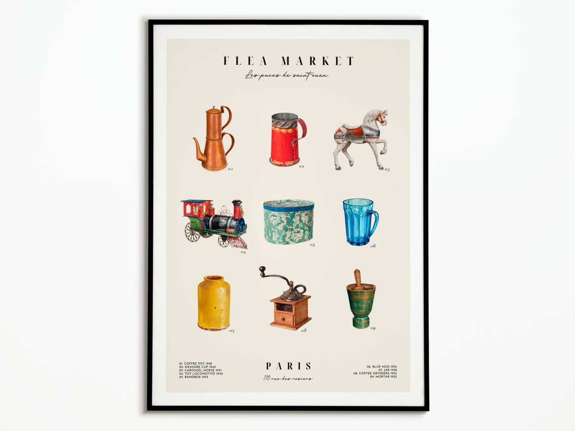 Flea Market Paris Saint Ouen Vintage Objects Illustrated Chart Poster