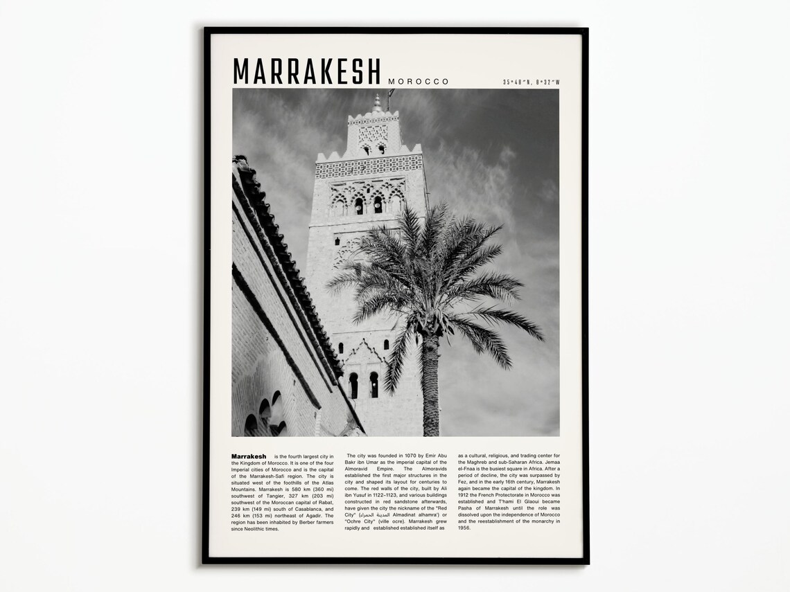 Marrakech Vintage Travel Poster, Morocco Wall Art Print
