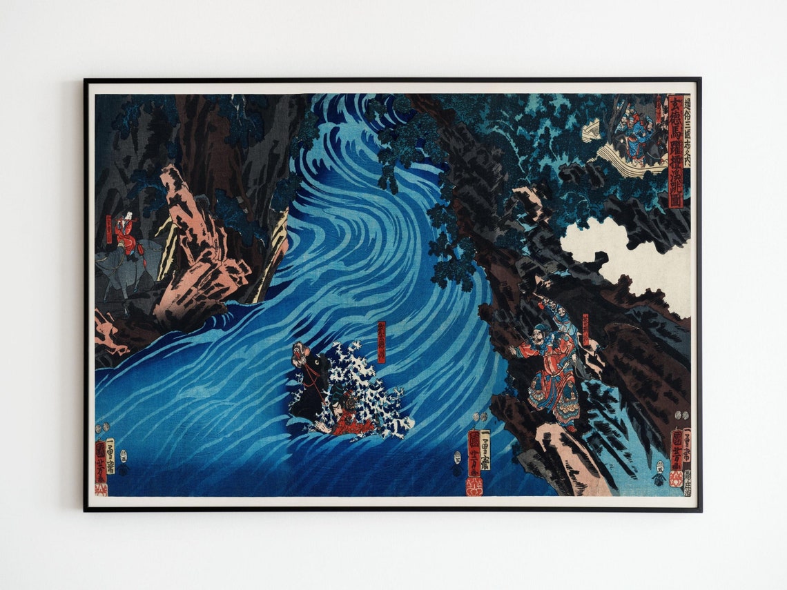 Blue Whirlpool River Battle Scene Japanese Woodblock Art Poster