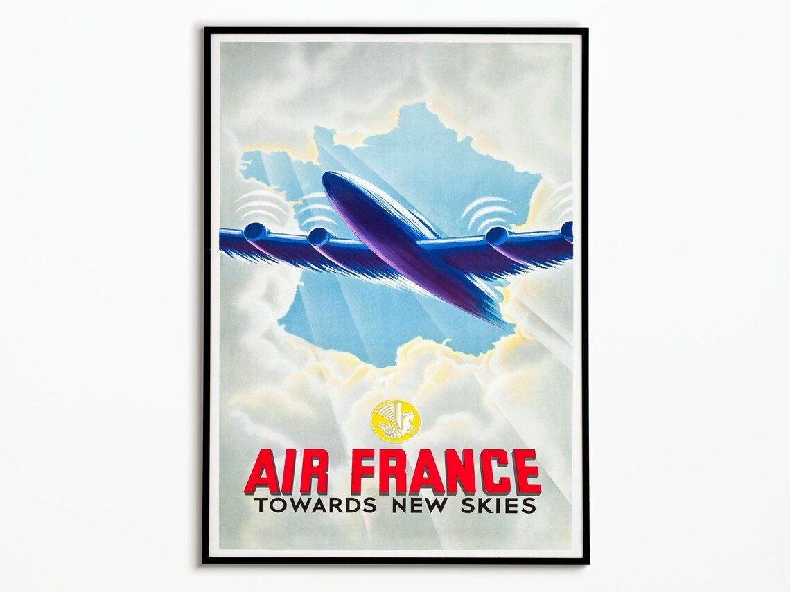 Air France Vintage Airline Poster Plane Flying Over France Map Clouds