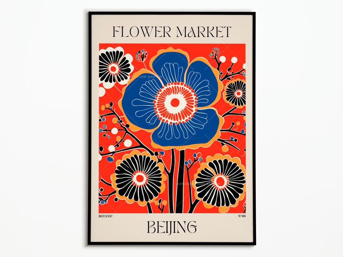 Flower Market Beijing Botanic Red Blue Ornamental Floral Poster