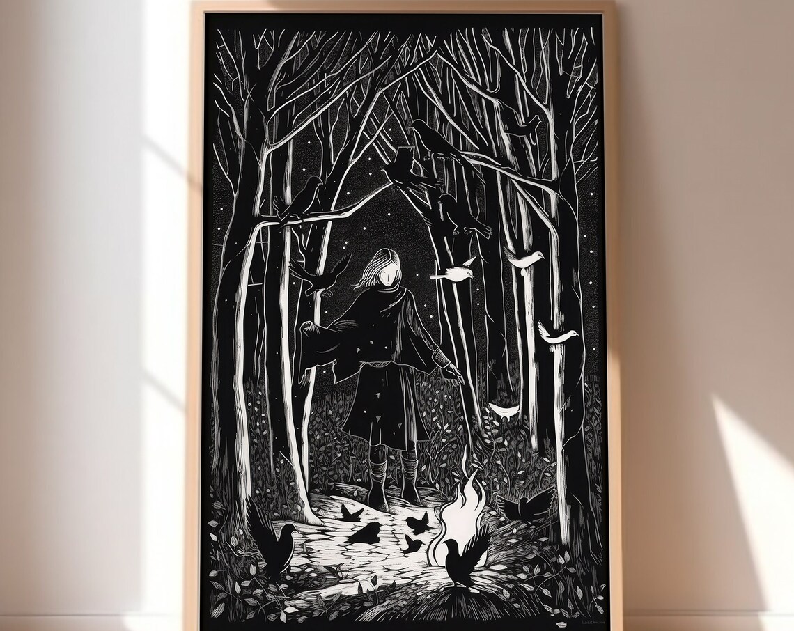 Cloaked Woman in Dark Forest with Ravens Gothic Fantasy Poster