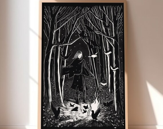 Cloaked Woman in Dark Forest with Ravens Gothic Fantasy Poster