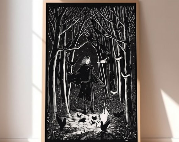 Gothic Woman In The Forest With Ravens Wall Art Dark Fantasy Home Decor Instant