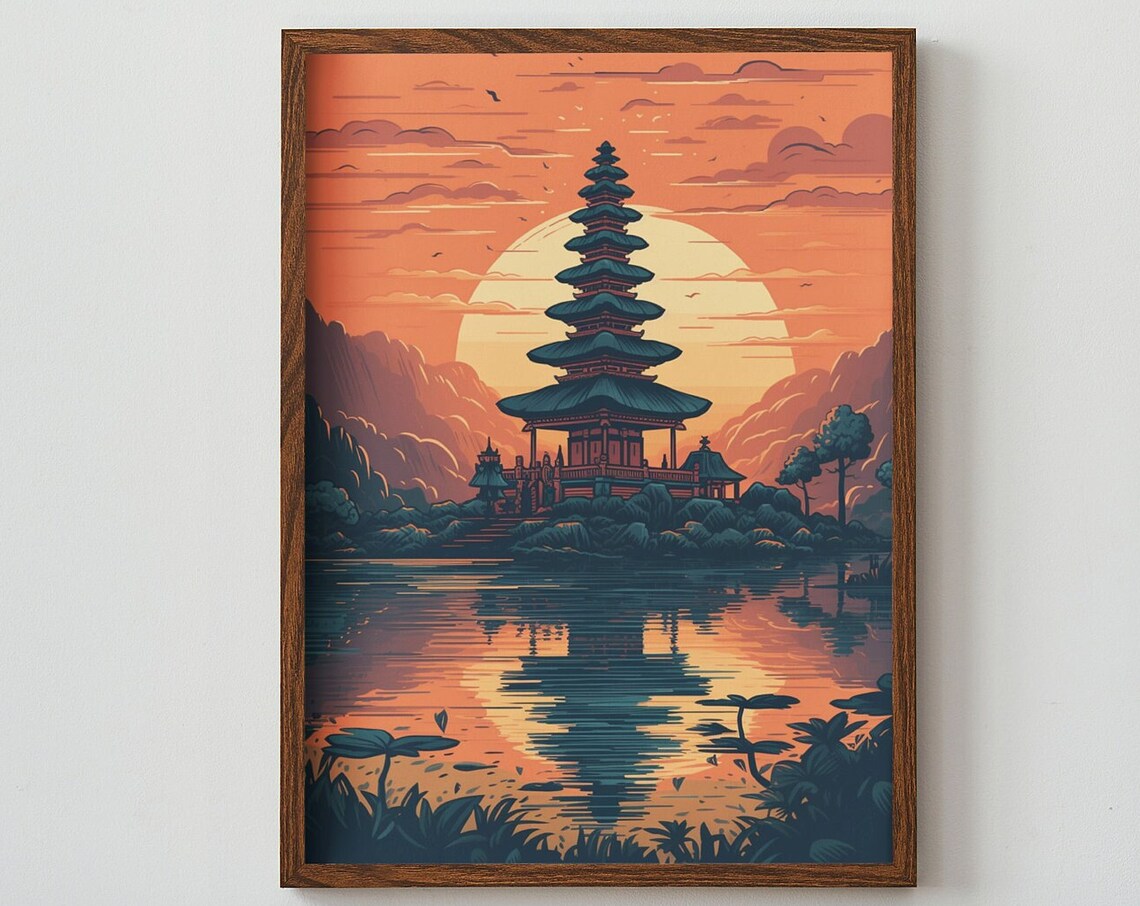 Bali Indonesia Ulun Danu Beratan Temple Sunset Lake Reflection Poster
