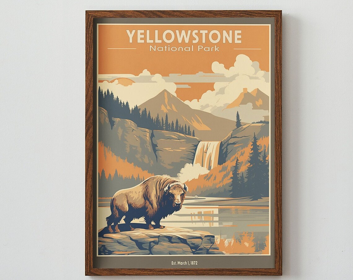 Yellowstone National Park Bison Waterfall Retro Travel Poster