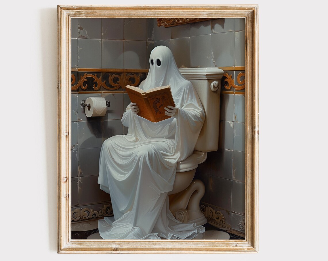 Funny Ghost Reading Book On Toilet Whimsigoth Bathroom Poster