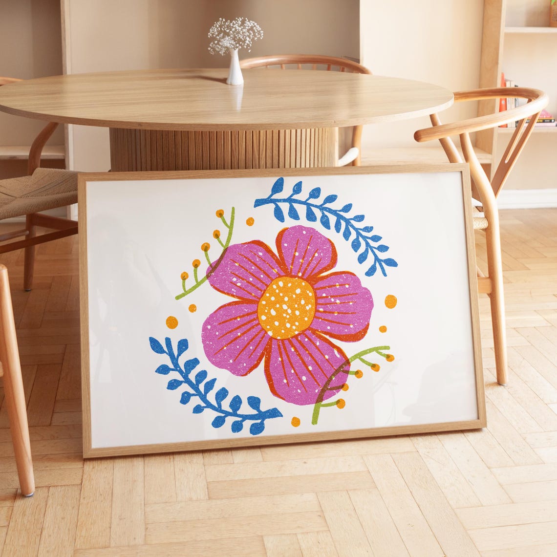 Colorful Pink Flower Botanical Abstract Maximalist Floral Art Poster