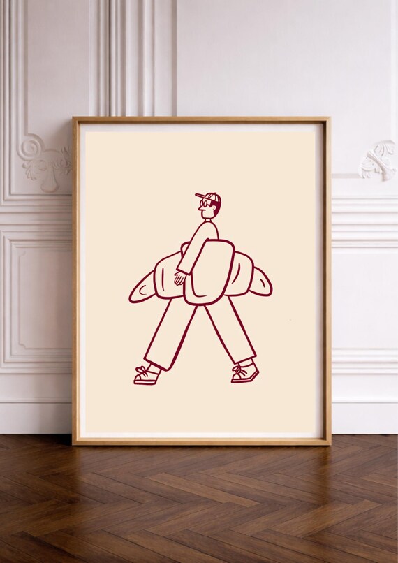Man With Croissant Poster Food Decor For The Kitchen Brioche Wall Art Person Walking
