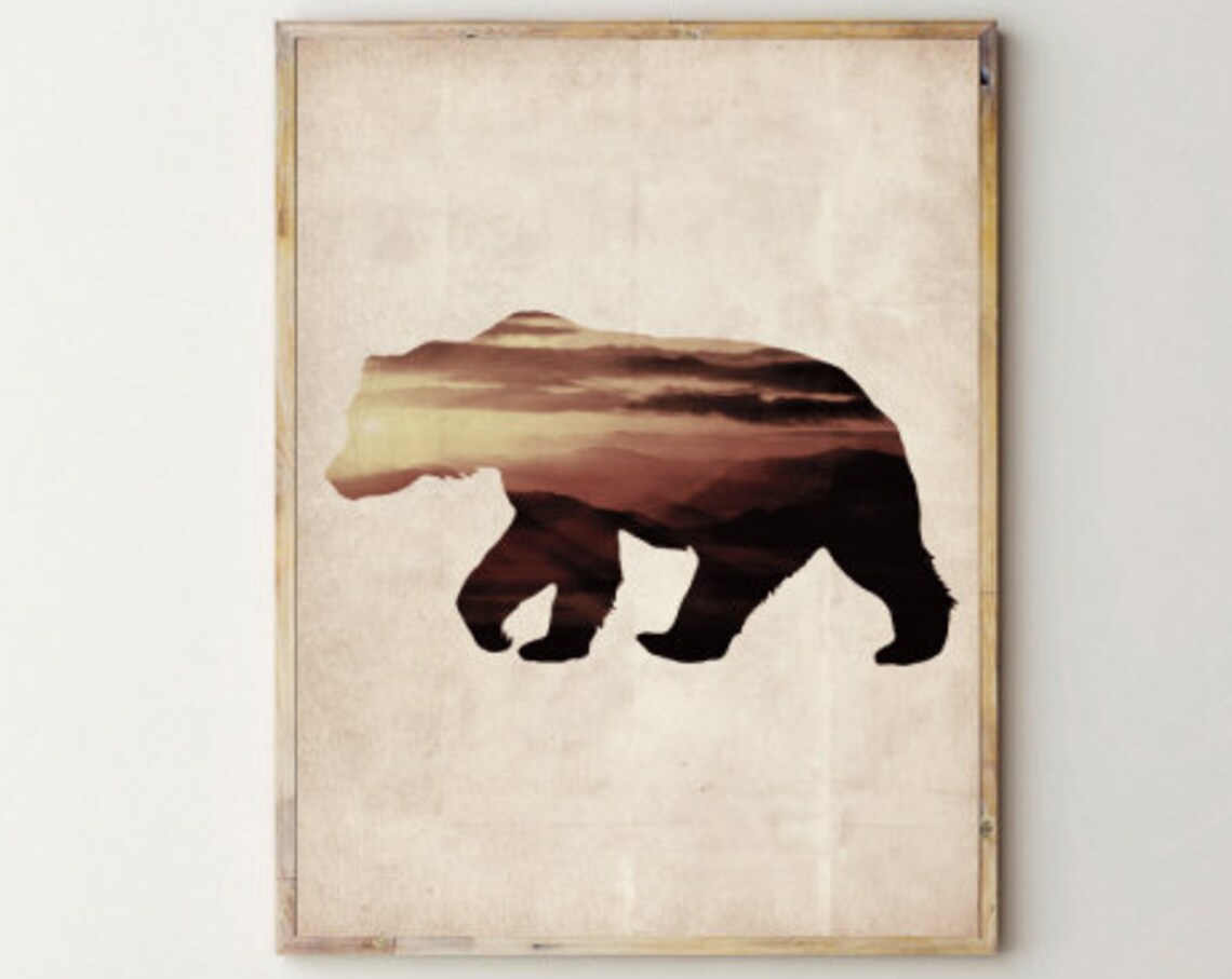 Majestic Bear Double Exposure Sunset Mountain Landscape Wildlife Poster