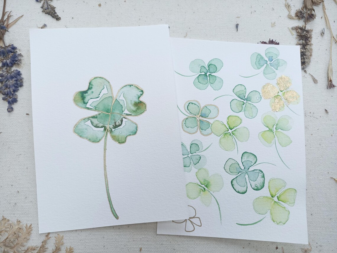 Hand Painted Four Leaf Clover Gold Outline Watercolor Card Poster - Image 3