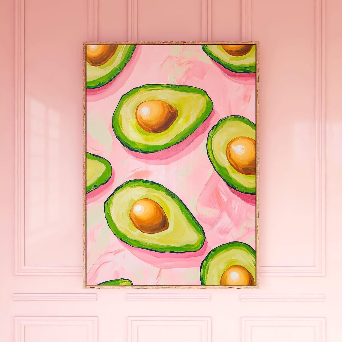 Avocado Halves Pattern on Pink Background Fun Kitchen Wall Art