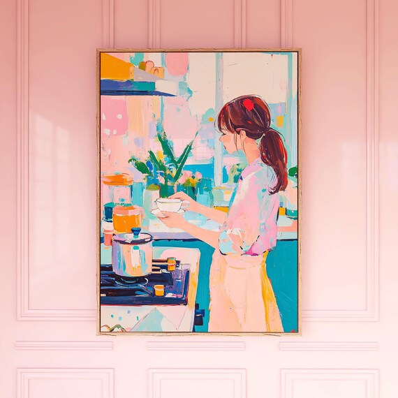 Girl Making Tea in Bright Colorful Kitchen Painterly Art Poster