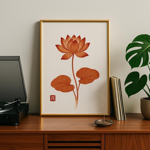 Minimalist Terracotta Lotus Flower Art Poster With A Red Hanko Seal Stamp