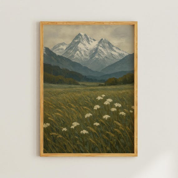 Snowy Mountain Scenery With Wildflowers Field Landscape Wall Art Vintage Prints For Farmhouse Tranquil Nature Painting Rustic Home