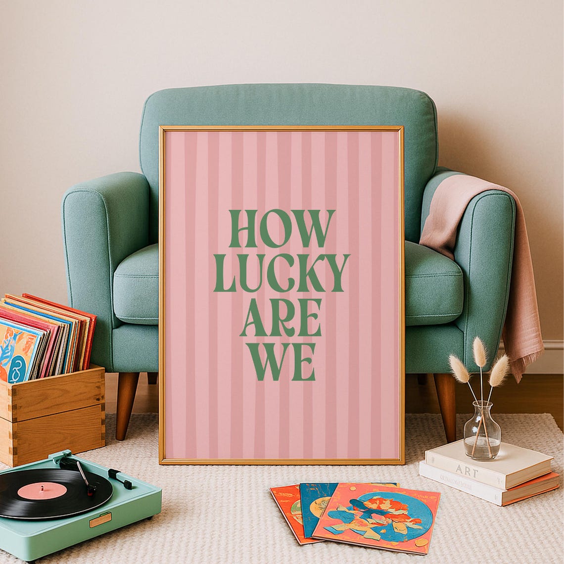 How Lucky Are We Pink Striped Retro Typography Quote Art Poster