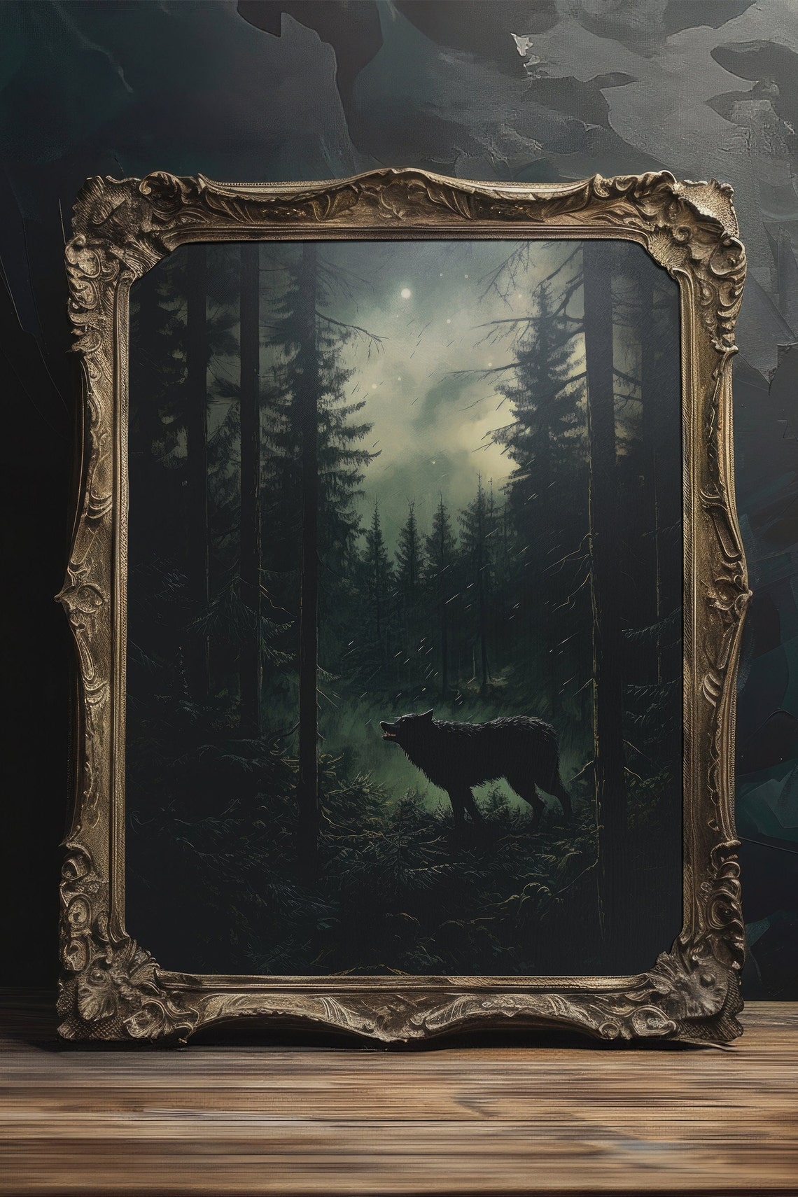 Howling Wolf Misty Pine Forest Night Moody Dark Cottagecore Art Poster - Image 3
