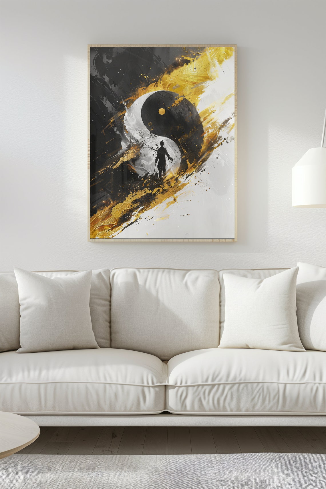 Yin Yang Gold Brushstroke Warrior Silhouette Abstract Art Poster - Image 2
