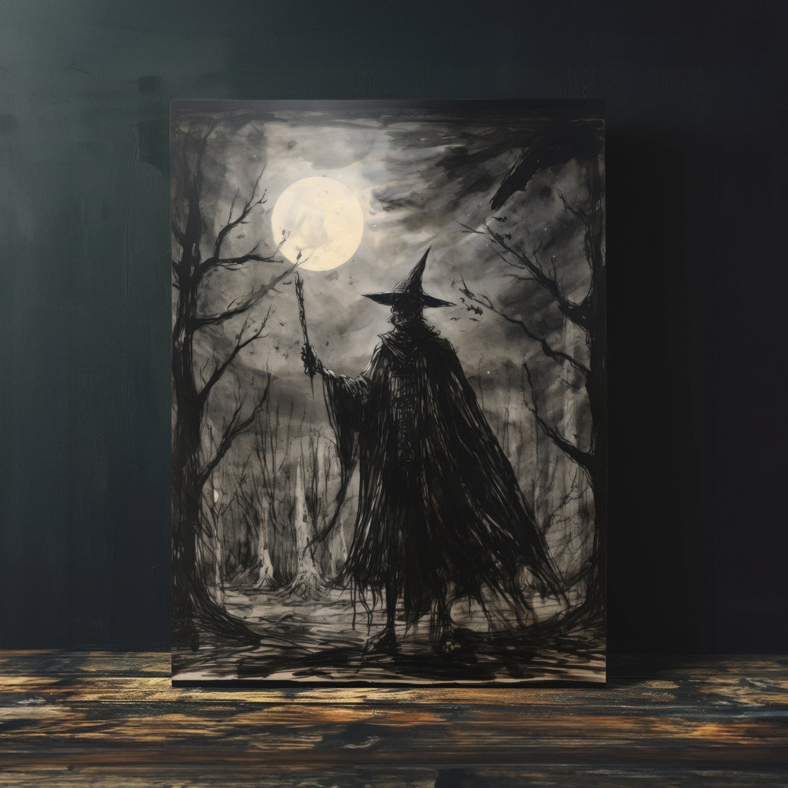 Moonlit Witch With Staff Bare Trees Ink Dark Fantasy Wall Art - Image 4