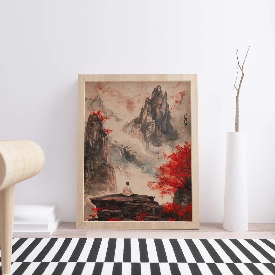 Red Maple Mountain Ink Wash Meditating Figure Japanese Poster - Image 3