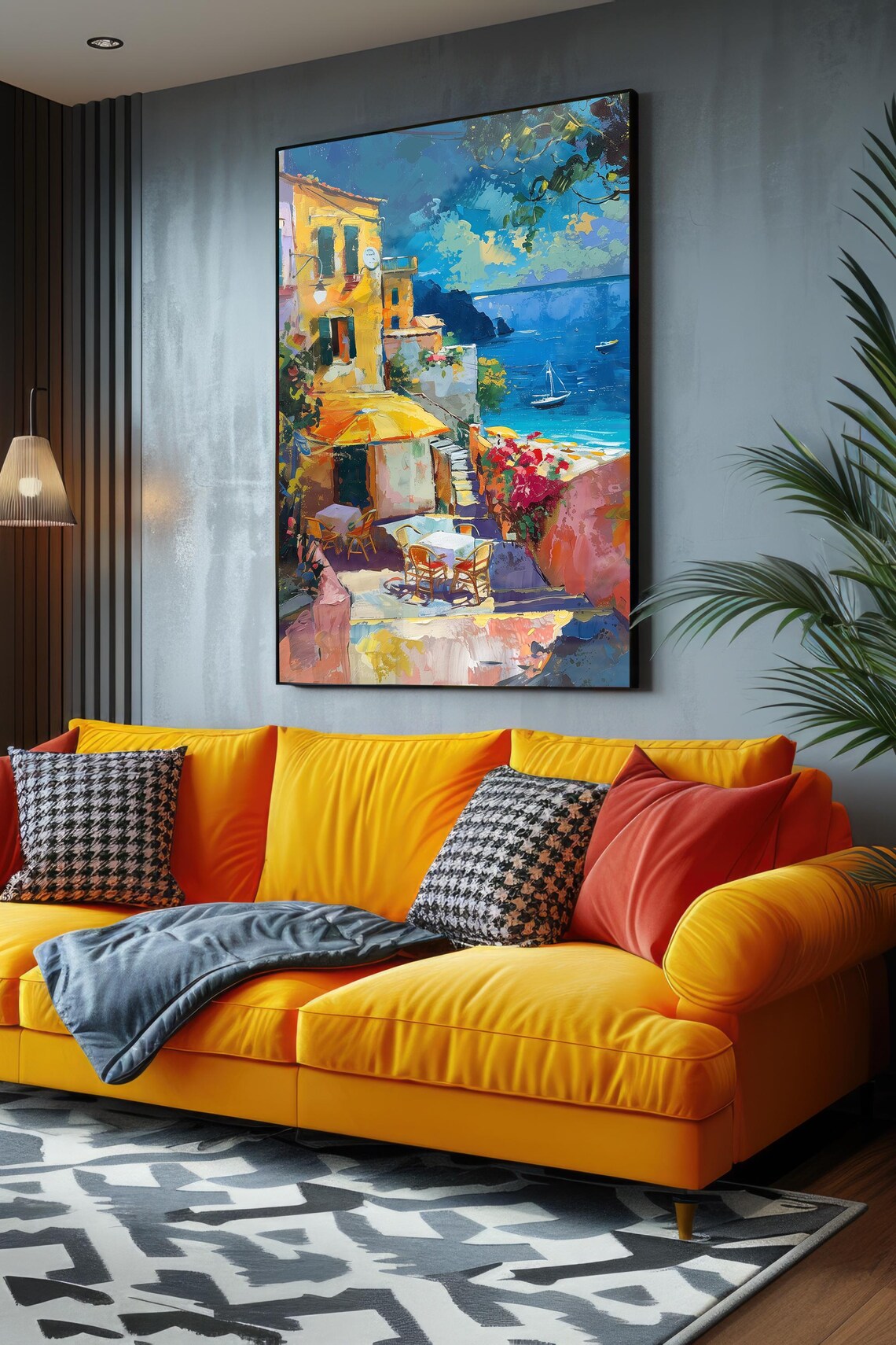 Mediterranean Seaside Village Gouache Coastal Cafe Painting Print - Image 4