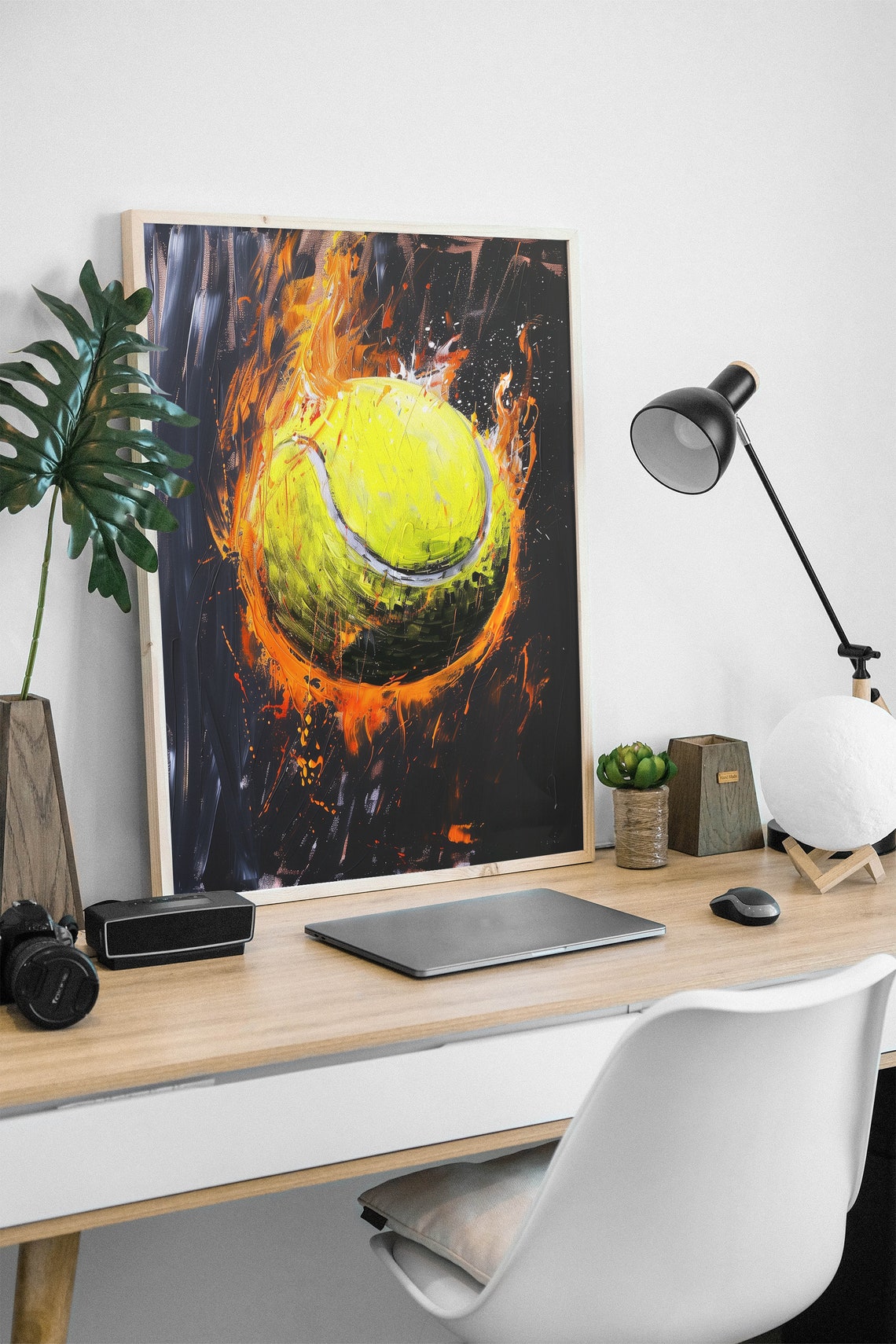 Flaming Tennis Ball Neon Yellow Painting Poster Sports Fire Wall Decor - Image 2