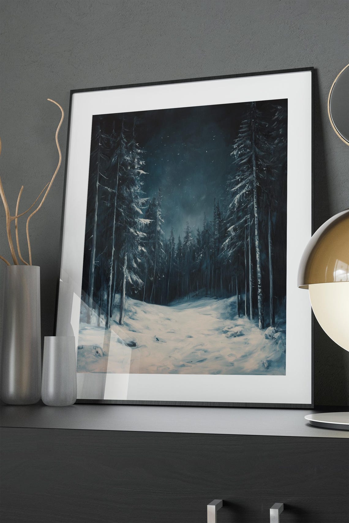 Moonlit Snowy Pine Forest Night Blue Winter Landscape Painting Poster - Image 2