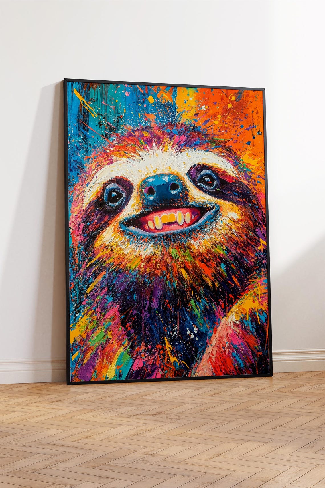 Grinning Sloth Colorful Pop Art Paint Splatter Animal Portrait Poster - Image 3
