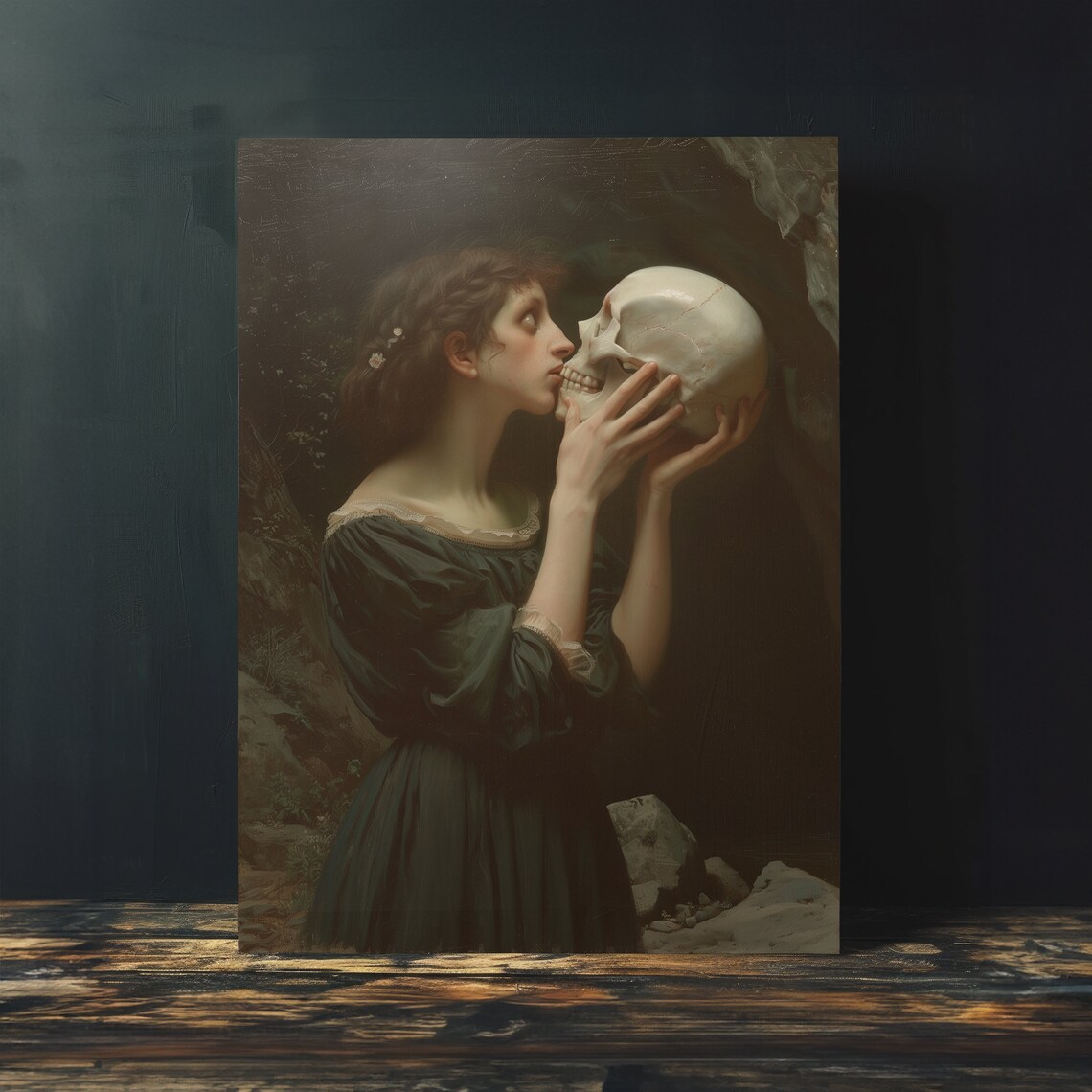 Woman Kissing Skull Moonlit Forest Vintage Style Dark Romantic Art Poster - Image 3