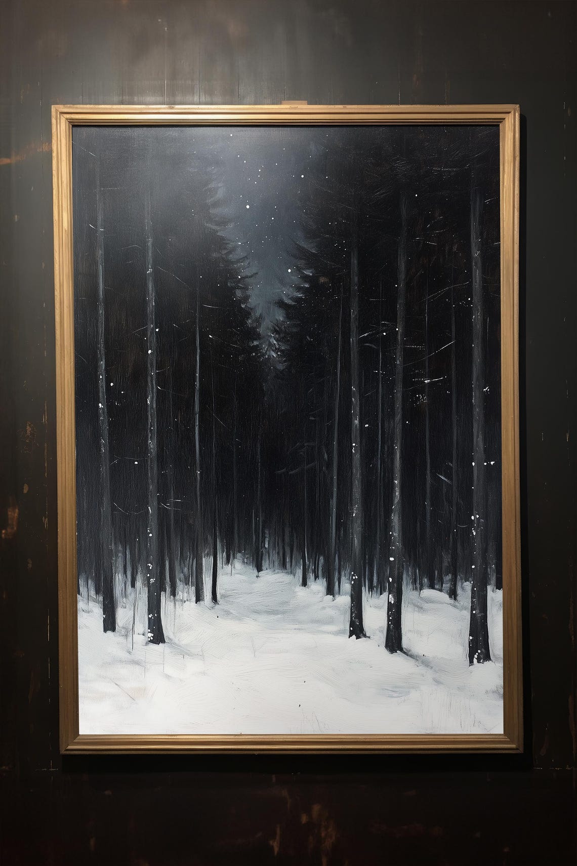 Snowy Night Forest Tall Pines Starlit Winter Landscape Painting Poster - Image 3